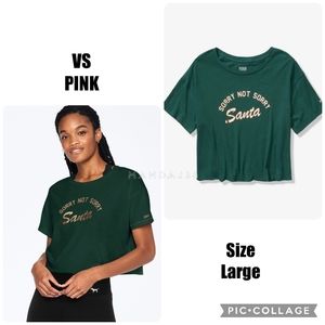 VS PINK Green Rose Gold Foil Shine Sorry Not Sorry Santa Holiday Tee Large NEW